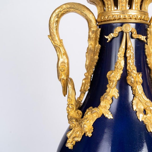 Lidded Vases in Sèvres Blue Porcelain and Gilded Bronze, Set of 2 For Sale - Image 6 of 10