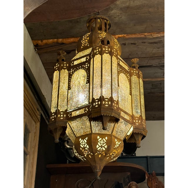 Monumental Arab-Moorish Hanging Lantern in Pierced Metal with Translucent Panels, 1920s For Sale - Image 3 of 5