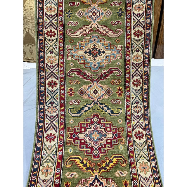 Olive Green and Cream Kazak-Style Wool Runner Rug, Natural Dyes, 2'9