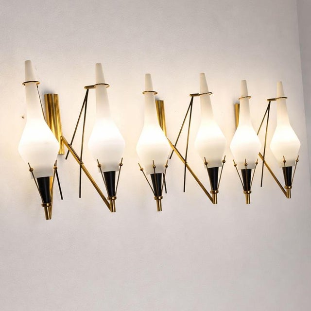 Vintage Opaline Glass and Brass Wall Lamps, 1960s, Set of 3 For Sale - Image 3 of 8
