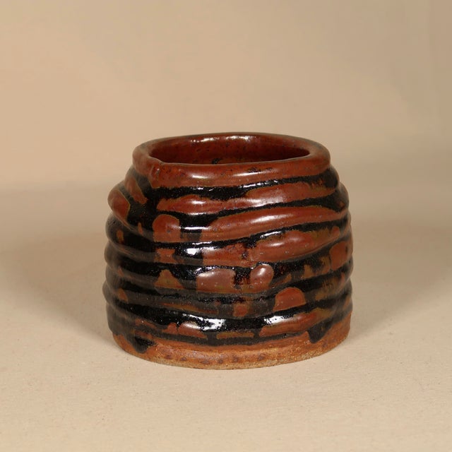Contemporary Hand-Thrown Sculptural Wabi Sabi Studio Stoneware Vessel With Iron Red and Charcol Glaze For Sale - Image 3 of 11