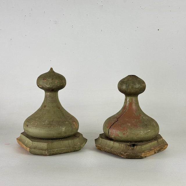 Mid 19th Century Pair of 19th C. Architectural Salvaged Large Onion Shaped Wood Finials, Painted Green For Sale - Image 5 of 15