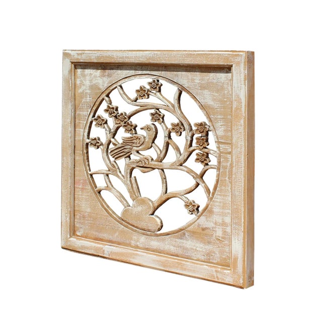 Off White Wash Lacquer Chinese Birds & Flowers Square Wall Panel For Sale - Image 4 of 8