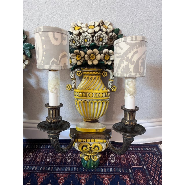 1920s 1920s Pair of Antique Edward F. Caldwell & Co. Hand-Painted Floral Bronze and Brass Wall Sconces For Sale - Image 5 of 12