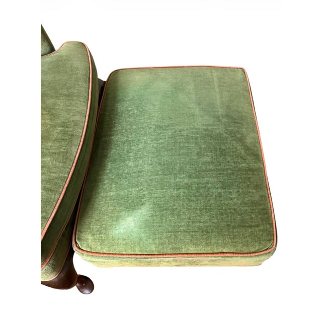 Green Vintage Wingback Chair and Ottoman by Woodmark Originals in Green Velvet With Terracotta Piping, a Set For Sale - Image 8 of 13