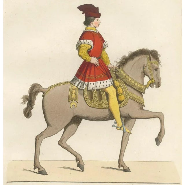 Mounted Nobleman in Parade Dress – Italian Renaissance Equestrian Portrait This vivid hand-colored print, marked No.68,...