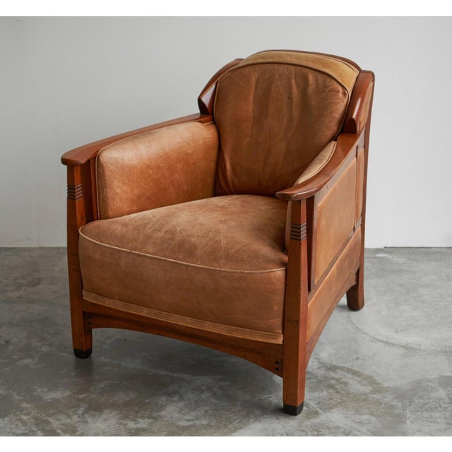 Frits Schuitema Art Deco Armchair in Solid Oak and Cognac Leather, The Netherlands, late 20th / beginning 21st century....