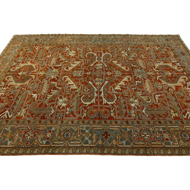 6x9 Antique Persian Heriz Serapi Rug Hand-Knotted Wool, Geometric Medallion For Sale In New York - Image 6 of 9