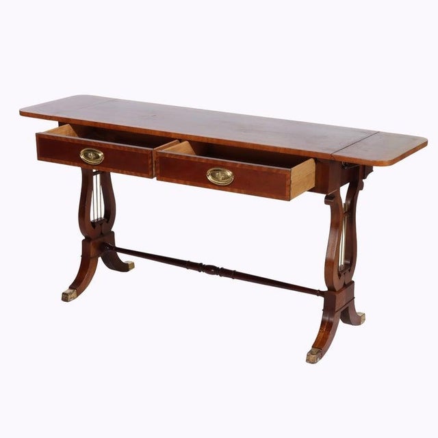 Wood Vintage Baker Sheraton Style Mahogany Cross Band 2-Drawer Drop Leaf Server For Sale - Image 7 of 14