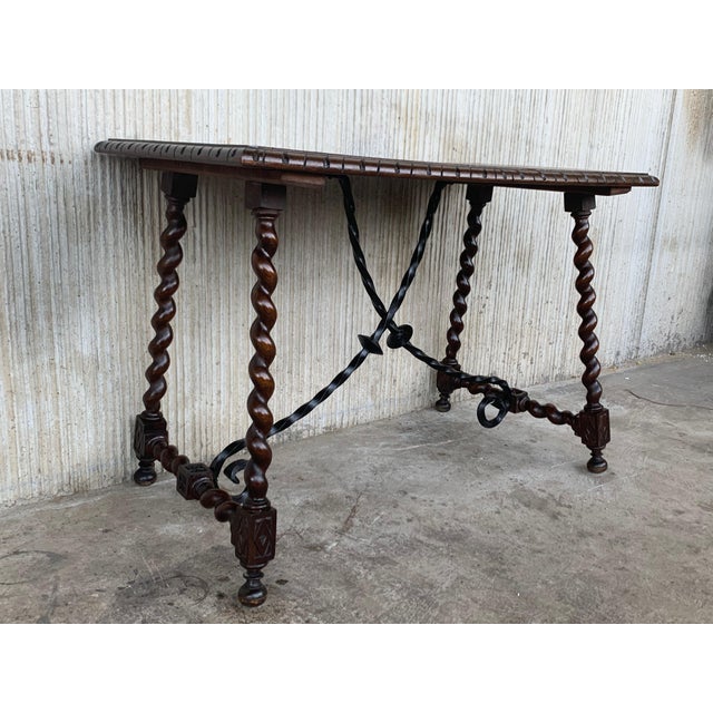 19th Spanish Console/Desk With Iron Stretcher and Solomonic Legs For Sale - Image 4 of 12