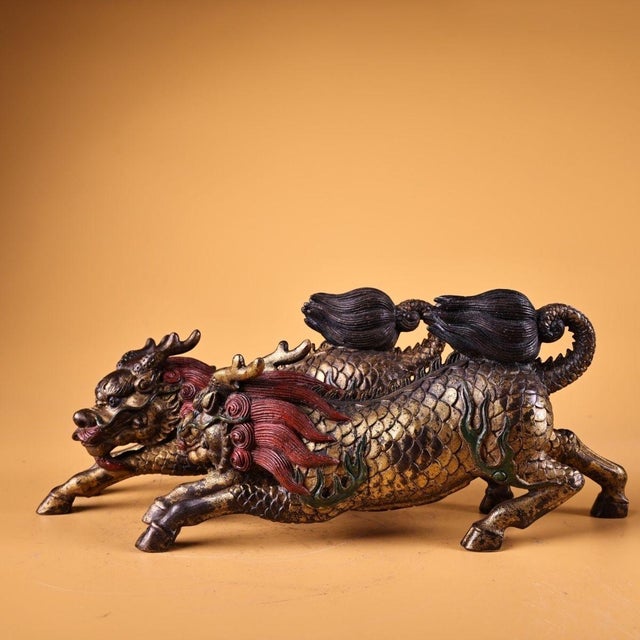 Traditional Pair of Antique Gilt Bronze Qilin Statues, Mythical Beast Figures, 1kg Each For Sale - Image 3 of 8