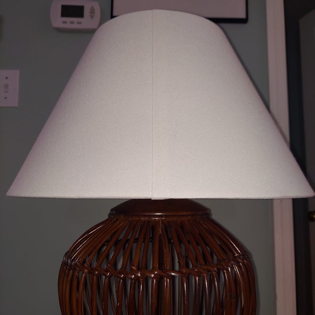 Late 20th Century Late 20th Century Woven Rattan Basket Table Lamp With White Shade For Sale - Image 5 of 9