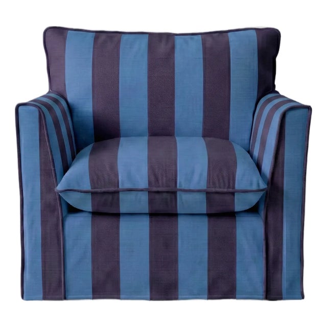Sophie Conran Coco Armchair - Coastal Blue & Navy Blue Stripes with Knife Edge Cushion For Sale