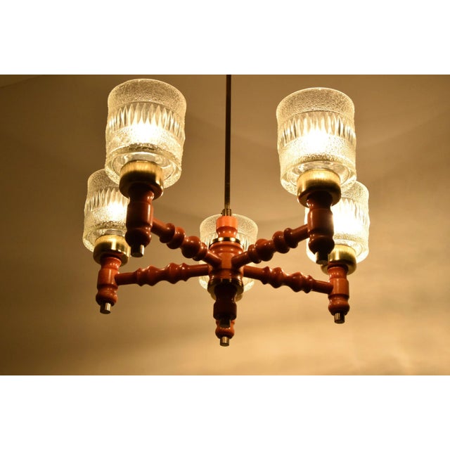 Made in czechoslovakia made of glass, wood, brass 5x60w,e27 or e26 bulb re-polished good original condition us wiring...