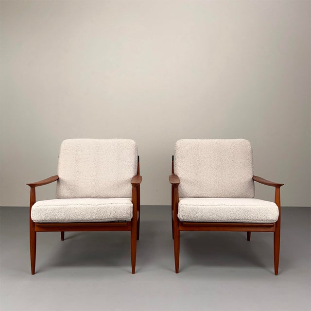 Set of Teak Armchairs with Rattan Backrests & Bouclé Covers by Carl Straub / Goldfeder, Germany 1960s For Sale - Image 13 of 15