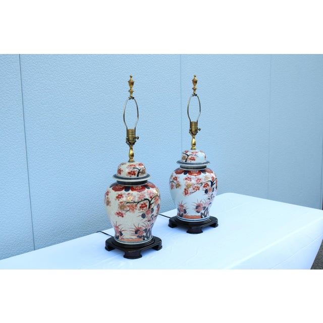 Cream Late 20th-Century Wildwood Japanese Imari Porcelain Ginger Jar Table Lamps, a Pair For Sale - Image 8 of 18