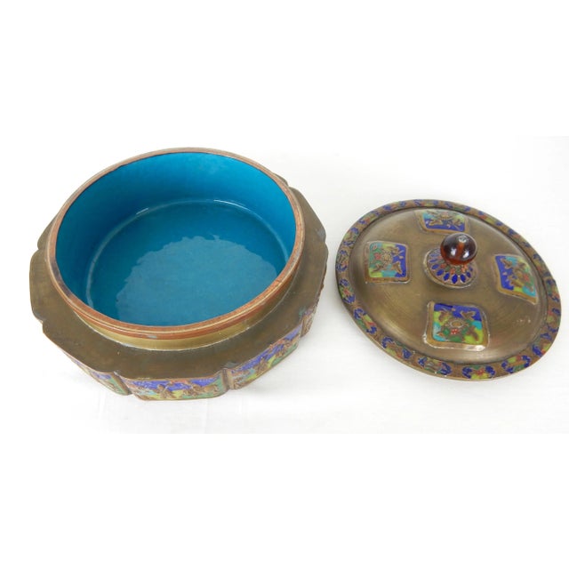 Chinoiserie Early 20th Century Chinese Brass Enameled Box With Turquoise Blue Interior For Sale - Image 3 of 12