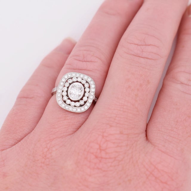 Contemporary Art Deco Style Double Halo Engagement Ring, Platinum and Diamonds, Size 3.5 For Sale - Image 3 of 5