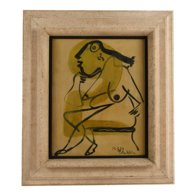 Framed Signed Peter Keil "Woman Sitting in a Chair 1963" Mix Media For Sale