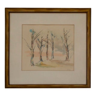 Mid-Century Modern Abstract Watercolor Painting, Springtime Trees For Sale