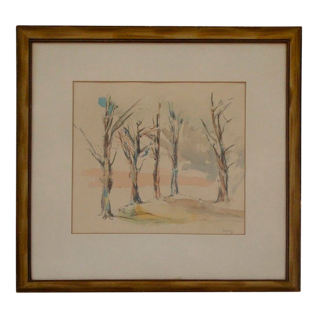 Mid-Century Modern Abstract Watercolor Painting, Springtime Trees For Sale