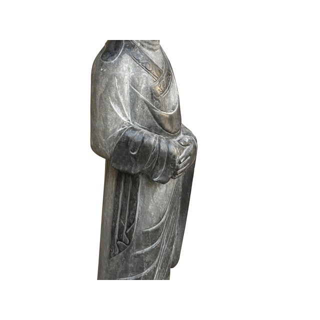 Chinese Weathered Black Gray Patina Stone Standing Monk Luohan Arhat Statue For Sale - Image 9 of 13