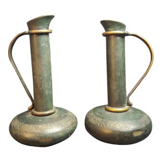 Pair Vintage Pal-Bell Maurice Ascalon Bronze Ewers Pitchers Grape Motif Israel For Sale