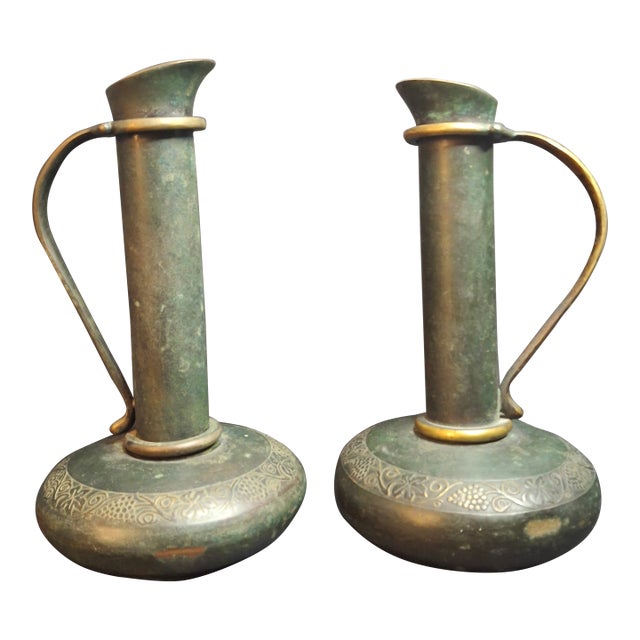 Pair Vintage Pal-Bell Maurice Ascalon Bronze Ewers Pitchers Grape Motif Israel For Sale