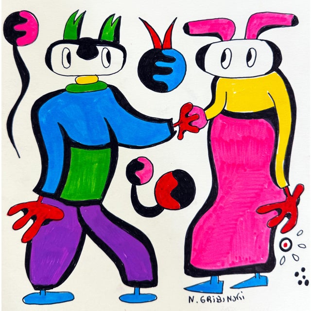 When Cat Met Bunny — Nathalie Gribinski — Small Abstract Figurative Drawing (8 X 8 In, 2025) For Sale