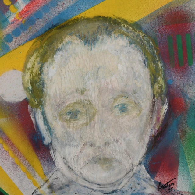 This Framed Signed J. Akston "Untitled, 1975" Painting is a compelling blend of abstract geometry and portraiture. The...