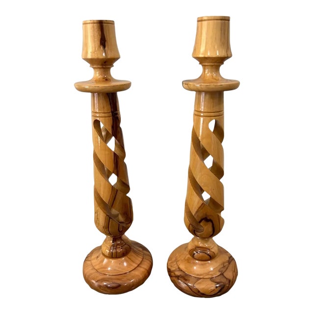 Vintage Hand Carved Olive Wood Swirl Spiral Candle Holders- Set of 2 For Sale