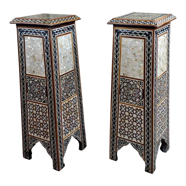 Vintage Syrian "Tower Shaped" Petite Inlaid Stands - a Pair For Sale