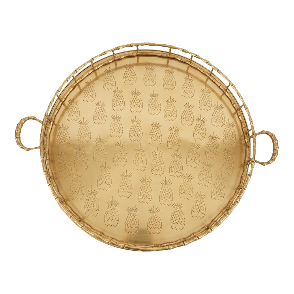 Monumental 1970s Etched Pineapple & Faux Bamboo Brass Round Tray