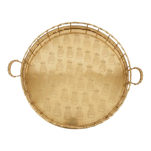 Monumental 1970s Etched Pineapple & Faux Bamboo Brass Round Tray by Turtle and Crane - Styled After Jacques Garcia For Sale