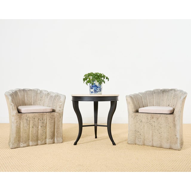 Attractive pair of drink's tables or side tables constructed from iron with a lovely painted finish. Features a round,...