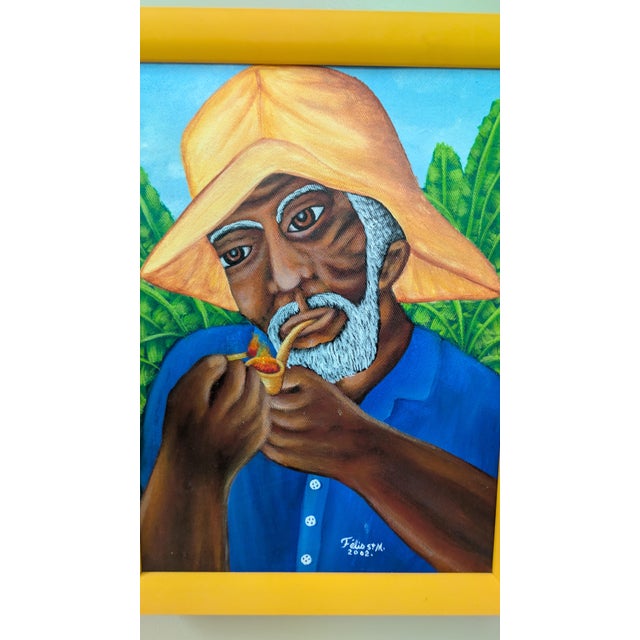 Folk Art Lafortune Felix Original Painting 2002 - Man With a Pipe (Haitian Folkloric Art) For Sale - Image 3 of 3