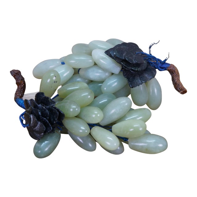 Pair Mid Century Chinoiserie Green Jade Grape Cluster Sculptures Leaves Vine For Sale