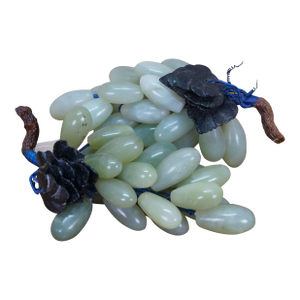 Pair Mid Century Chinoiserie Green Jade Grape Cluster Sculptures Leaves Vine
