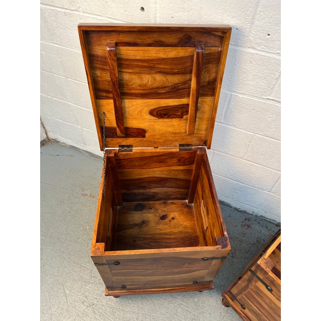 Late 20th Century Pair of Rustic Wood and Metal Storage Trunks W/ Lift-Top Lids For Sale - Image 12 of 15