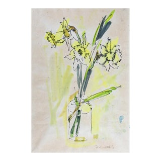 Vintage Mid 20th Century Modernist Daffodil Still Life Painting For Sale