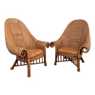 Ralph Lauren Style Bamboo & Rattan Wingback Chairs - A Pair For Sale