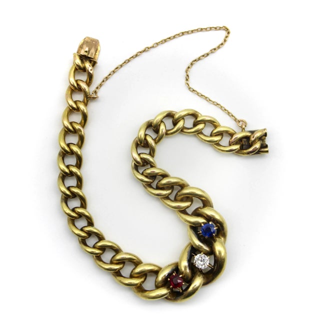 This is part of Chairish’s Fine Jewelry assortment. In this 14k gold bracelet, the curb link graduates to the largest...