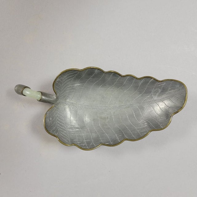 Antique Chinese Pewter, Brass and Stone Leaf Dish For Sale - Image 4 of 4