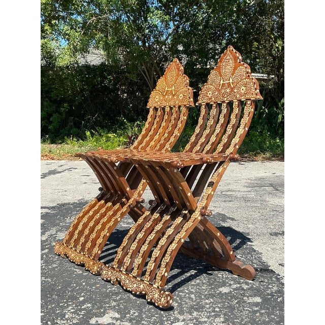 Wood Vintage Boho Moorish Inlay Folding Chairs- A Pair For Sale - Image 7 of 12