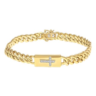 14K Yellow Gold Plated .925 Sterling Silver Diamond Accent Inlaid Cross Cuban Link Bracelet (I-J Color, I3 Clarity)- 7.25" For Sale