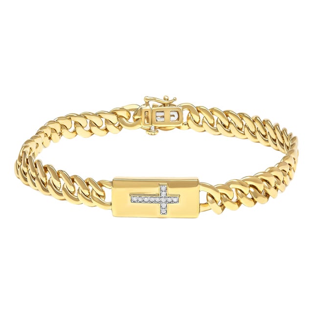14K Yellow Gold Plated .925 Sterling Silver Diamond Accent Inlaid Cross Cuban Link Bracelet (I-J Color, I3 Clarity)- 7.25" For Sale