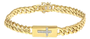 14K Yellow Gold Plated .925 Sterling Silver Diamond Accent Inlaid Cross Cuban Link Bracelet (I-J Color, I3 Clarity)- 7.25"