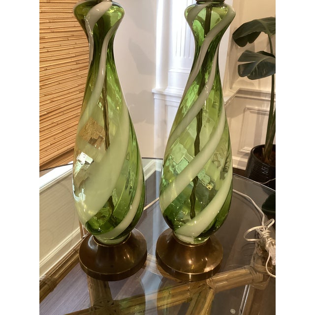 Mid 20th Century Vintage Italian Murano Green & White Spiral Art Glass Table Lamps – Restored & Rewired - Pair For Sale - Image 5 of 8