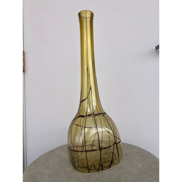 Glass Vintage Hand Blown Glass Vase Art Amber Applied Onyx Overlay Abstract Decor For Sale - Image 7 of 8
