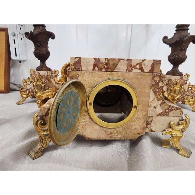 Rococo Fabulous French Bronze Trio Antique Clock and 2 Candelabras For Sale - Image 3 of 10